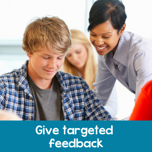A photo of a teacher smiling over a teen's shoulder. There is a blue border at the bottom of the photo with white text that says "Give targeted feedback"
