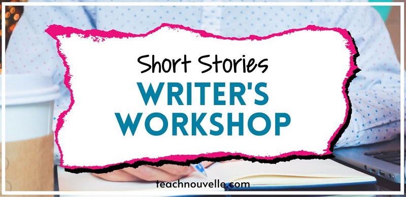 A photo of someone writing in a notebook. There is a white rectangle in the center of the image with black and blue text that says "Short Stories Writer's Workshop"