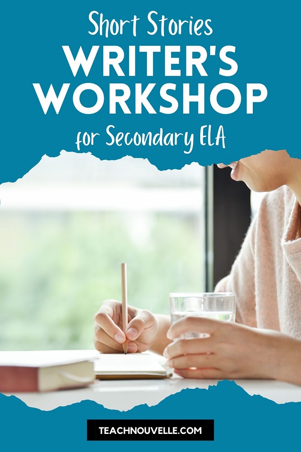 A photo of someone holding a glass of water and writing in a notebook. There is a blue border at the top and bottom of the image with white text that says "Short Stories Writer's Workshop for Secondary ELA"