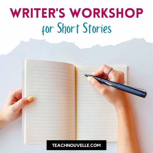 A photo of a woman's hands with yellow fingernail polish, she is holding a pen over an empty notebook. There is a a white border at the top of the image with pink and blue text that says "Writer's Workshop for Short Stories"