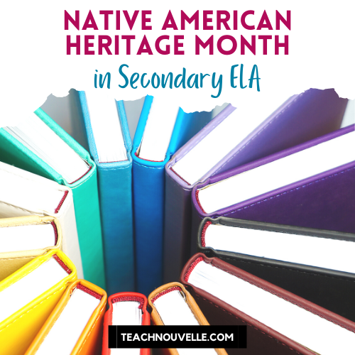 Brightly colored hard cover books arranged in a circle in rainbow order. At the top of the image there is a white border with pink and blue text that says "Native American Heritage Month in Secondary ELA"