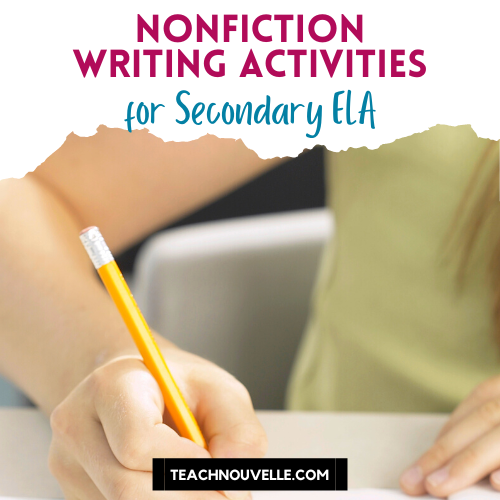 A photo of a student in a light green shirt writing with a yellow pencil. At the top there is a white border with pink and blue text that says "Nonfiction Writing Activities for Secondary ELA"
