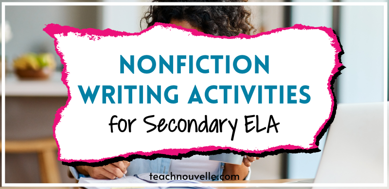 A photo of a woman holding a coffee cup in one hand and writing in a notebook with the other hand. In the center of the image there is a white rectangle with a pink border and blue and black text that says "Nonfiction Writing Activities for Secondary ELA"