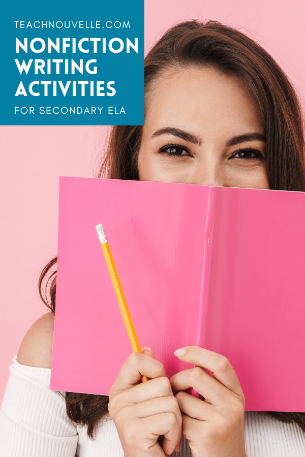 A photo of a woman in a white sweater holding a pink notebook and a yellow pencil in front of her face. There is a blue square in the top left corner of the photo with white text that says "Nonfiction writing activities for Secondary ELA