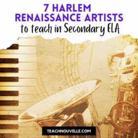 A stylized drawing of a saxaphone, a keyboard, and musical notes. At the top there is a white border with purpe and black text that says "7 Harlem Renaissance Artists to teach in Secondary ELA"