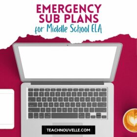 emergency middle school sub plans for ELA written above a blank laptop