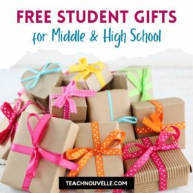 A small pile of brown gift boxes with multicolored ribbons. There is a white border at the top with pink and blue text that says "Free Student Gift for Middle & High School"
