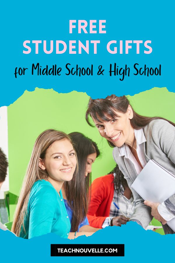 A smiling teacher and students in the classroom. There is a blue border at the top and bottom with pink and black text that says "Free student gift for Middle School and High School"