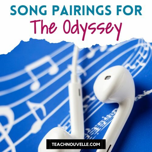 A photo of headphones on top of musical notes in blue and white with the title "Song Pairings for The Odyssey" to use while teaching the Odyssey