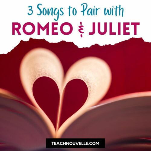 3 songs to pair with Romeo and Juliet activity - two pages of a book fold to shape into a heart with a red background