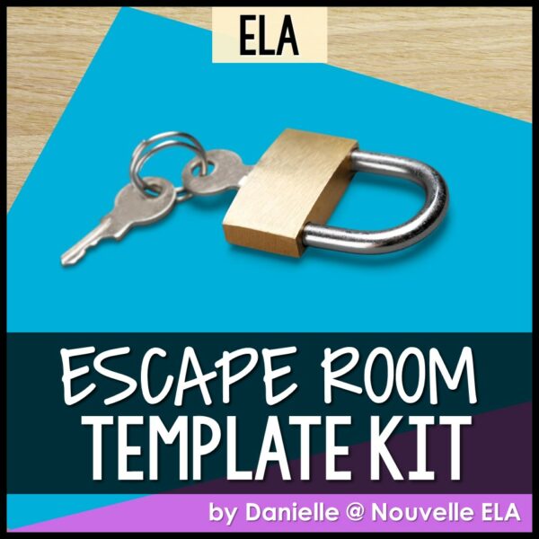 Create Your Own Escape Room Template Kit lays atop a blue folder with a padlock key closed with a key inside of it