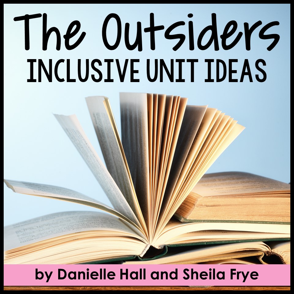 "The Outsiders Inclusive Unit Ideas" is above an open book with pages sprawled in the air