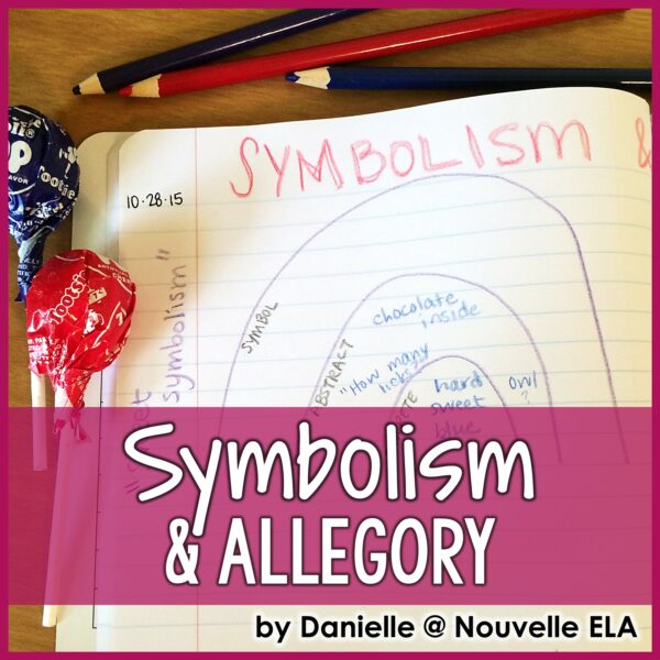teaching symbolism & allegory with 2 tootsie pops atop a written-in notebook titled Symbolism