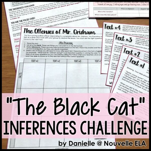 "The Black Cat Inferences Challenge" lays atop various texts with instructions and activities