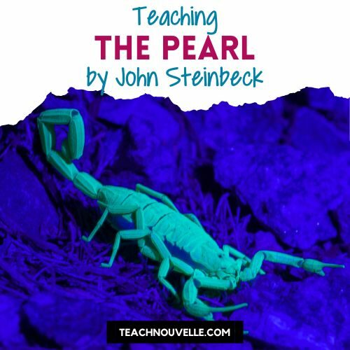 this picture has a scorpion atop a blue background with the post focusing on Steinbeck's The Pearl Activities
