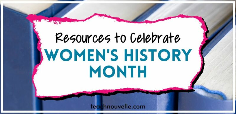 activities for women's history month titles in front of a close up of blue book spines