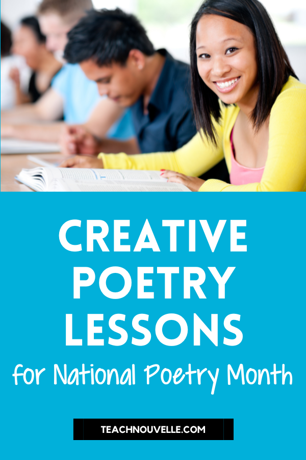 Creative Poetry Month Lessons for National Poetry Month with a young scholar smiling at the camera with an open textbook and other students blurred in the background