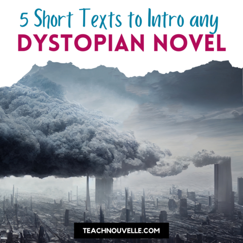 "5 short texts to introduce any dystopian unit" reads atop a white background. below the title is a completely gray and desolate city. one remaining building has a heavy fog and fume cloud arising from it.