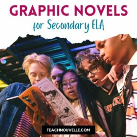 The best YA graphic novels featured image is composed of 5 young adults standing side by side one another looking at a graphic novel in awe.
