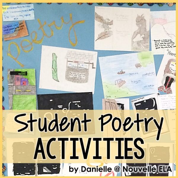 student poetry activities are displayed on a bulletin board with blue construction paper in the background