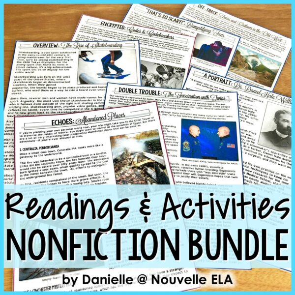 Seven nonfiction articles are spread out across a wooden table. Each article is a part of the high school reading comprehension passages nonfiction bundle resource.