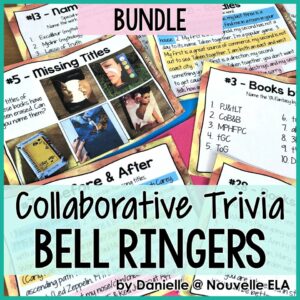 various classroom bell ringers appear overlapped with the title "Collaborative Trivia Bell Ringers"