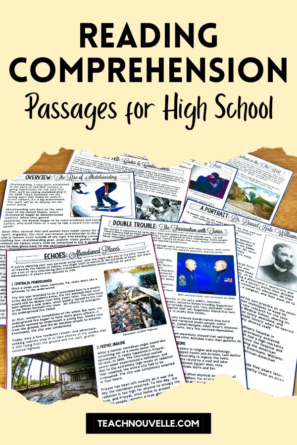 Improve your students' high school reading comprehension skills with this bundle of nonfiction guided reading activities that don't suck! Image includes a pile of various nonfiction texts that are included in this bundle.