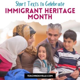 Use any of these 7 short texts for Immigrant Heritage Month in the class to honor and highlight immigration stories often left untold. Image of Muslim adults holding two small children on their laps smiling