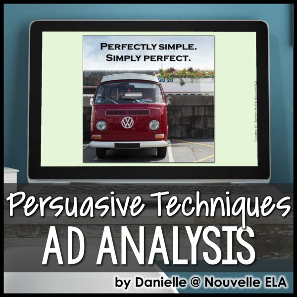 On an open laptop, there is a photo of a retro red Volkswagon van is parked in a lot with the words "perfectly simple. simply perfect" above. The title of the product "Persuasive Techniques Ad Analysis" rests at the bottom of the image.