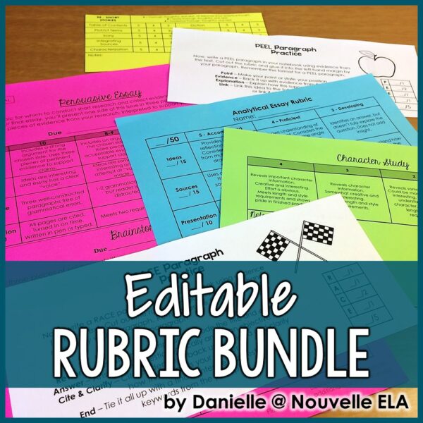 various editable rubrics appear overlapping each other with the text "editable rubric bundle" atop it