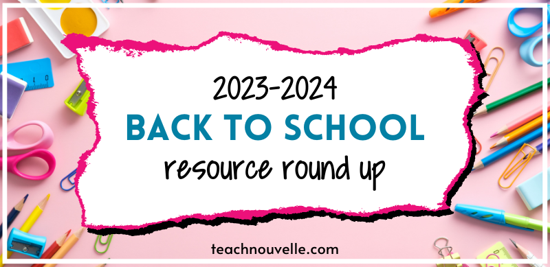 2023-2024 back to school resources rests atop a bubble gum pink background with various school supplies scattered about