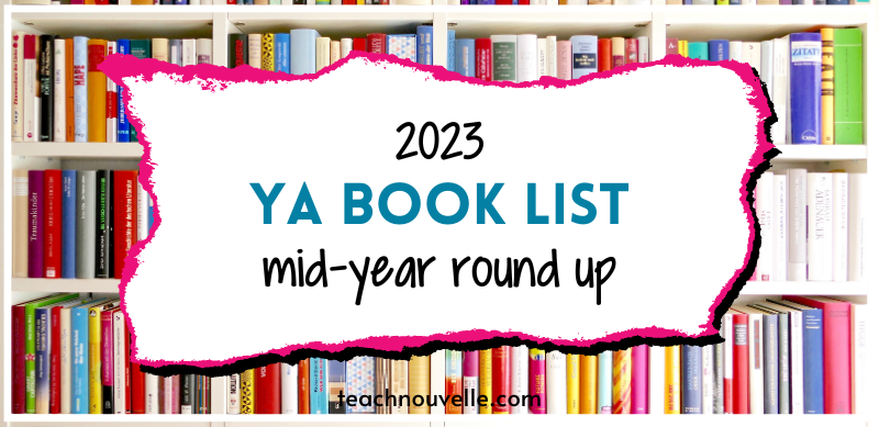 MG & YA book list for 2023 titled above an image of a brightly colored, fully stocked bookshelf