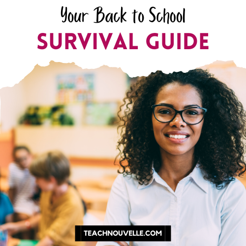 A back to school teacher survival guide post with a teacher wearing glasses aligned to the right with students blurred in the background