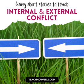 Using short stories for teaching internal and external conflict - a field of grass sets the background of two blue signs with arrows pointing at each other