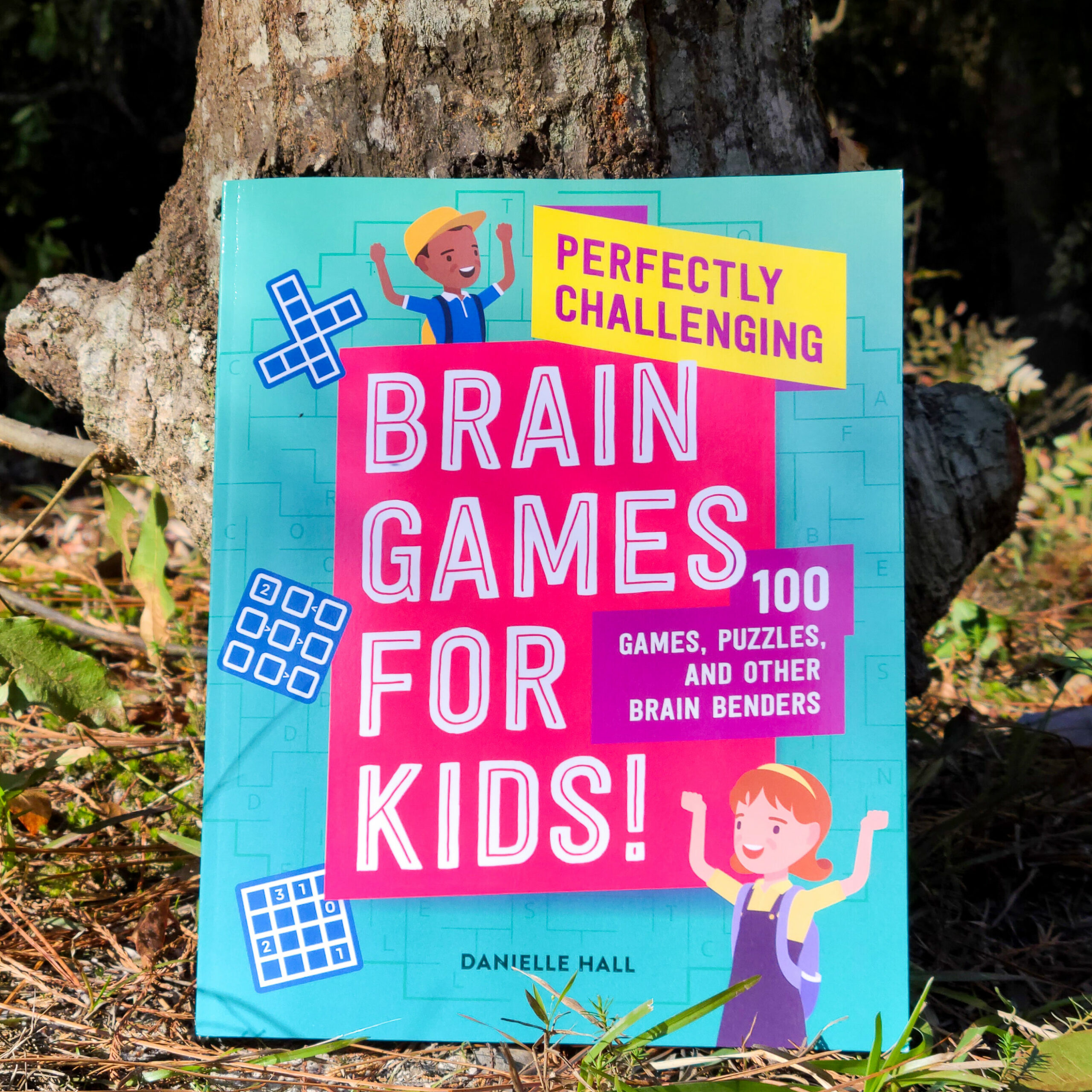 The book Perfectly Challenging Brain Games for Kids sits against a tree. The book is teal with a pink text box.