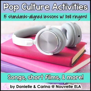 Title: Pop Culture Analysis Activities Cover. Subtitle: 15 standards-aligned lessons with bell ringers. An image of 3 leather-bound notebooks in various shades of pink lay on a surface with a pair of white headphones resting on top.