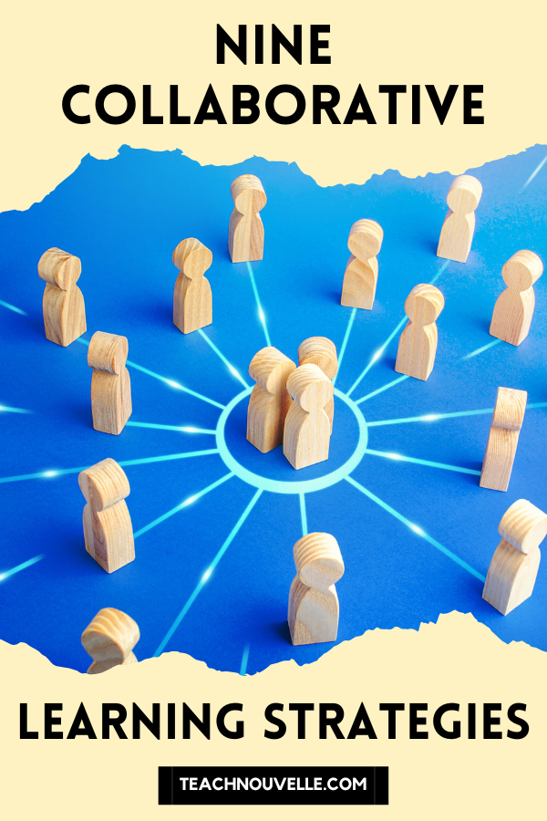 9 Collaborative Learning Strategies to Increase Student Collaboration; Pictured: many tiny wooden mannequins standing in a connected circle.