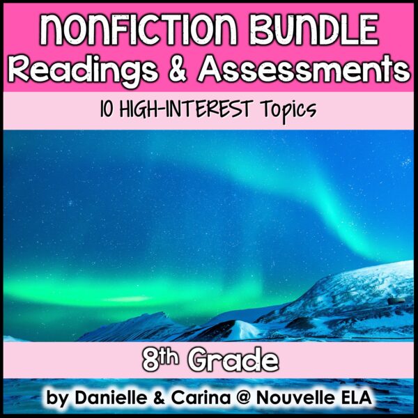 8th Grade Nonfiction Reading Bundle with background of aurora borealis