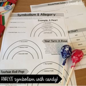 Symbolism and allegory worksheet with two Tootsie Pops on top of it