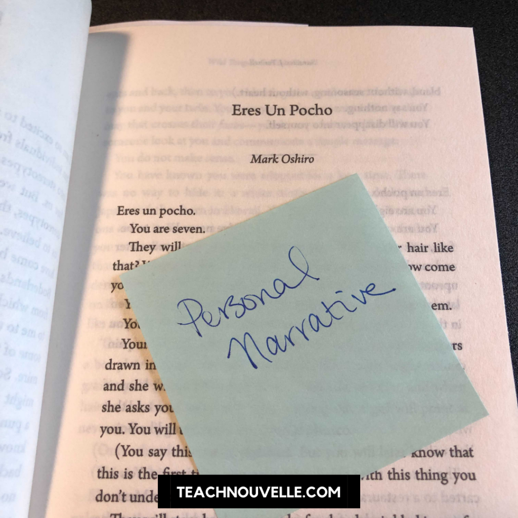 A photo of an open book with a blue sticky note on the page with the words "Personal Narrative" written on it in cursive.